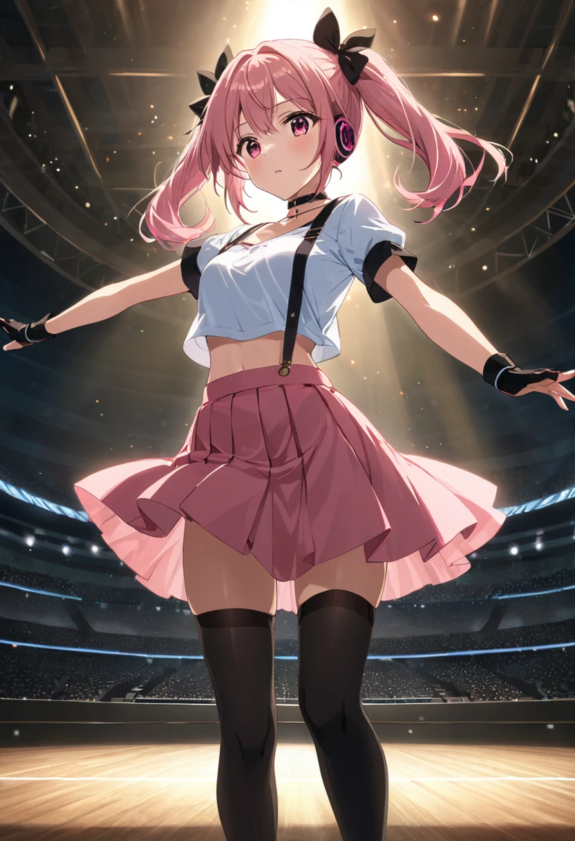 from front, (mediumshot:1),kujikawadancing, twintails, hair bow, headphones, white shirt, crop top, short sleeves, suspenders, pink skirt, black thighhighs, fingerless gloves, single glove, choker, midriff, Zettai ryoiki, ,,,cinematic angle, anime screencap:0.8, official art, masterpiece, best quality,UHD,HDR,aesthetic,very aesthetic,,