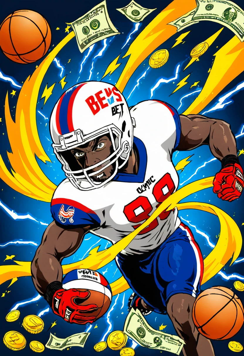 Create an image for "Olympic Bet". It relates to sports (football, basketball, MMA, American football) and sports betting. The image should have the following details: A background divided diagonally in two vibrant colors, blue on the left and gold on the right. As a central element, a strong, muscular Zeus-like hand grasping a bright lightning bolt in the center of the image. Lightning Details: The lightning bolt should have dynamic sparks, and money symbols like bills and coins should emanate from it, along with small sports icons like a soccer ball, basketball, MMA glove, American football helmet. Place the name "Olympic Bet" at the bottom of the image in a bold, modern font, in a color that contrasts well with the background, such as white or gold. For the border, circle around the entire image in a contrasting color, such as white, to ensure it stands out against any background.
