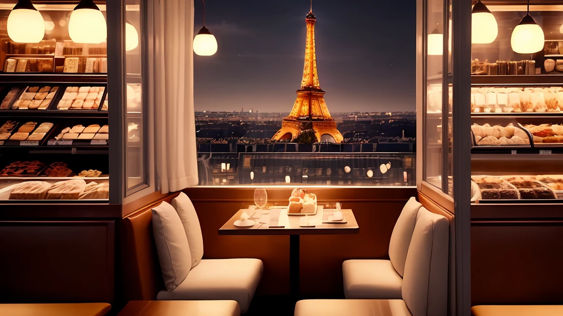 a cozy night time at a Parisian coffe shop interior with cozy lighting and sweets in the shelves. There are tables and coffee cups in the tables. There is a big window in the middle of the coffees hop and the outside view is this eiffel tower