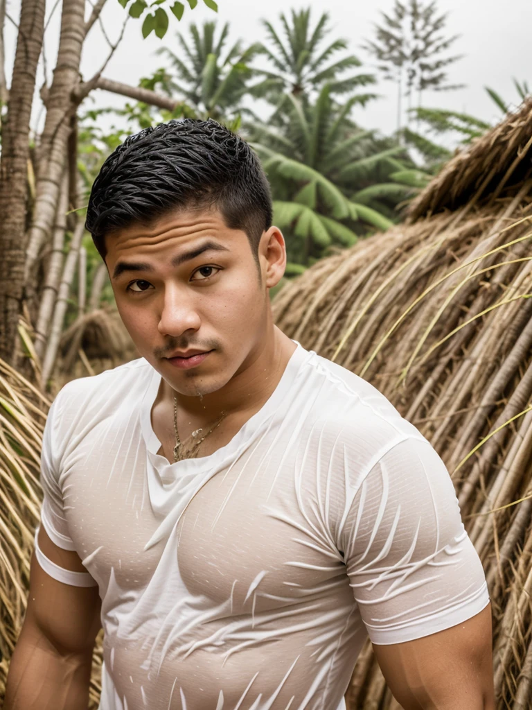 独奏 , 1 person , Portrait of a handsome Asian rugby player, short hair, no beard, muscular, big muscles, wearing a gray round neck t-shirt, wet, outdoors, rice field, countryside, hut, Thailand, Laos, Burma, Asia.