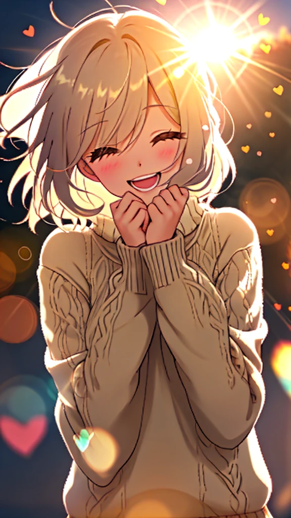 A girl, Wear a cozy sweater, Upper Body, (laughing out loud:1.1), (open mouth:1.1), (Keep your eyes open:1.2), Sun glare, Bokeh, Depth of Field, Blurred background, Light Particles, Strong wind, (Heart particles:1.1)