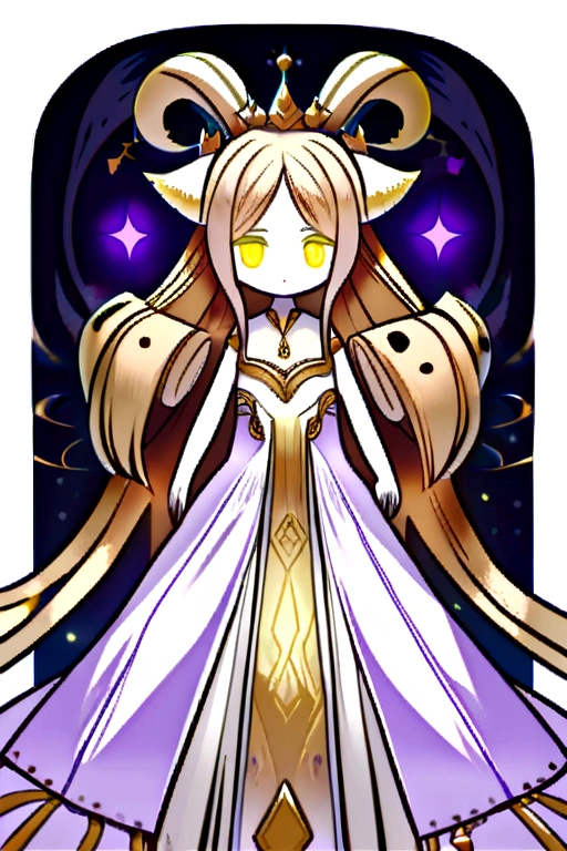 a small entity, almost like a doll, similar in size to a girl, with its limbs and body made of hardened gold with some features painted pure white. She has long golden hair that ends in a curly ponytail., and a crown made of many horns, resembling a deer or a ram, surrounds his head. She wears a dress made of torn purple silk.
