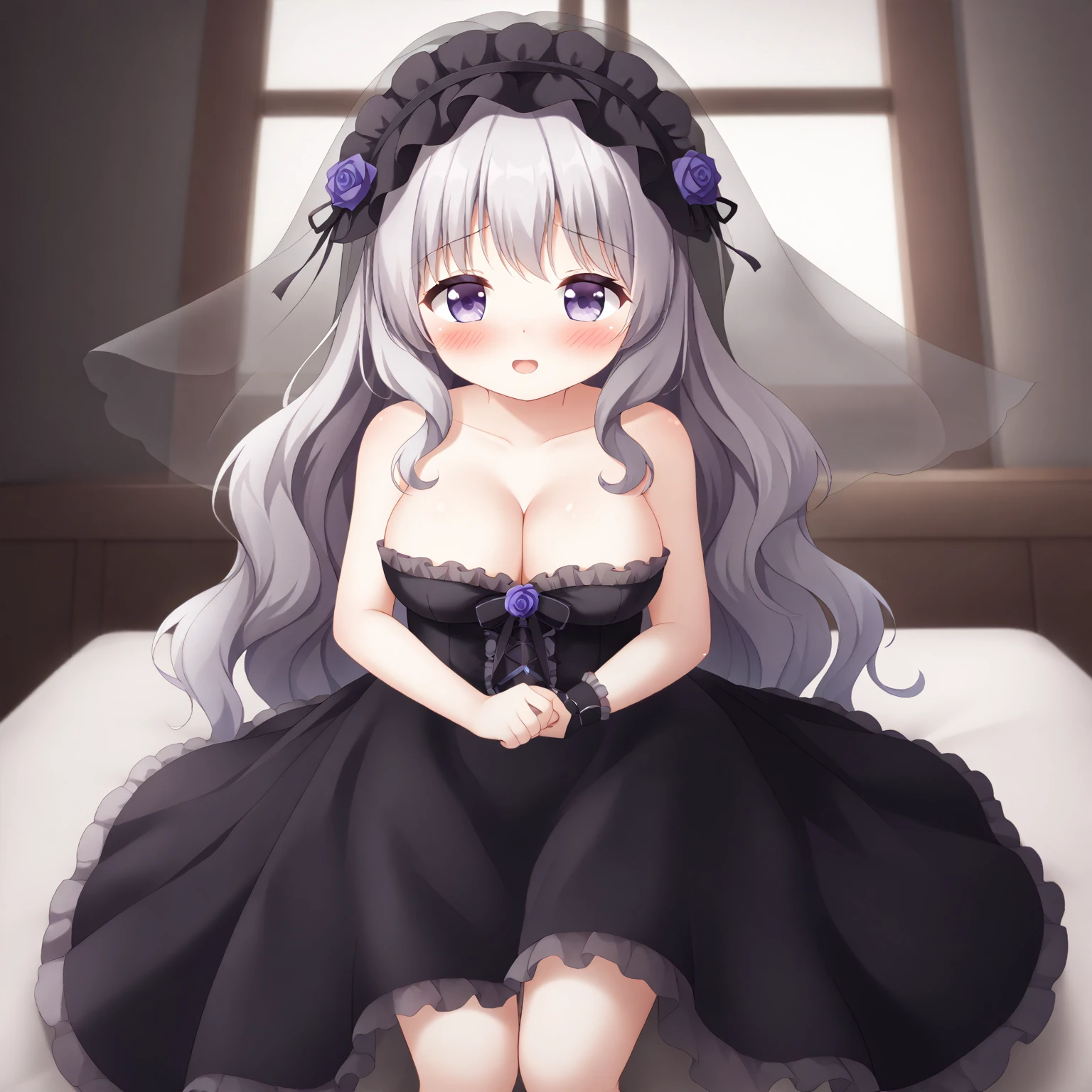 (Cute beautiful girl)、naked、Blushing with ecstasy、Transparent Veil、Beautiful Eyes、Gothic ta、Cleavage、Bouncing breasts、Wavy Hair、Dynamic Action