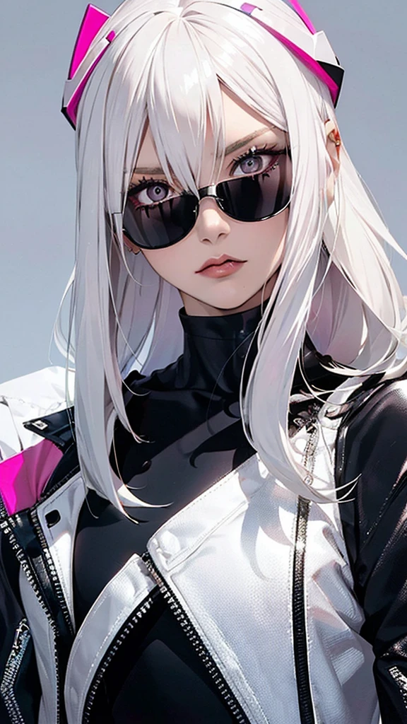 An edgy and modern rendering of a woman with sleek, platinum blonde hair and sleek, reflective pink sunglasses. She strikes a fierce pose against a backdrop of bold, abstract shapes and patterns, her head tilted to the side in a subtle nod to the avant-garde.