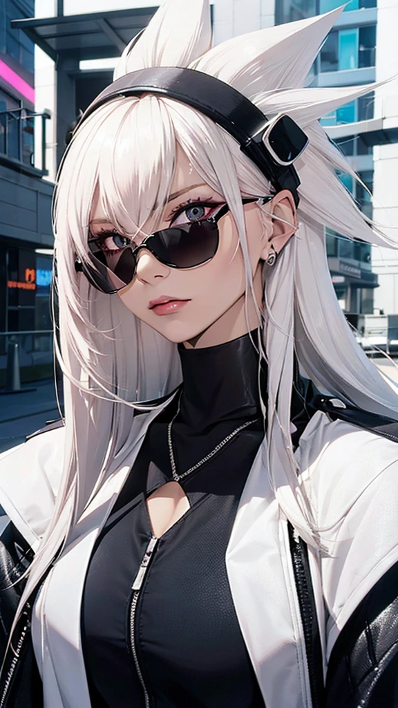 An edgy and modern rendering of a woman with sleek, platinum blonde hair and sleek, reflective pink sunglasses. She strikes a fierce pose against a backdrop of bold, abstract shapes and patterns, her head tilted to the side in a subtle nod to the avant-garde.