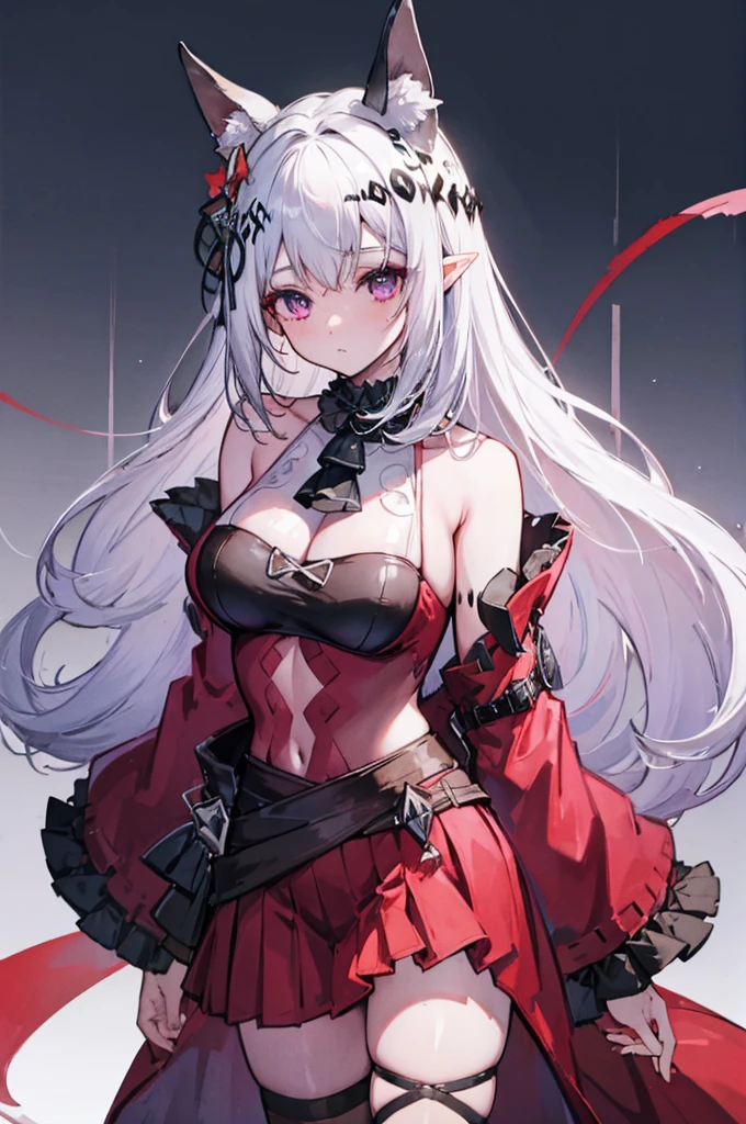 ((masterpiece_portrait)),(bishoujo),(Japanese_animation),(ligne_claire),(Arcanepunk),(10s-anime-aesthetic),1girls,elf_Ears,curvy,sharp_face,very_long_hair,Gradient_hair,white_hair,Blue_hiar,messy_hair,hair_between_eyes,Purple_eyes,expressionless,Large_breasts,white_off-shoulder_shirt,Black_pleated_skirt,fur-trimmed_capelet,Thigh_High_Socks,frilled_legwear,maid headdress,choker,cowboy shot