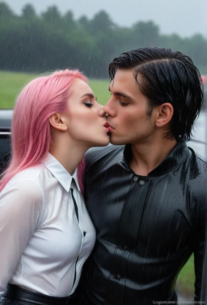 1 girl, 1 boy, beautiful detailed eyes, beautiful detailed lips, extremely detailed eyes and face, long eyelashes, pink hair, white pleated shirt, cracked button on the chest, upskirt, black hair, black catsuit, black pants, kissing in car, severe rainy weather, (best quality, 4k, 8k, highres, masterpiece:1.2), ultra-detailed, (realistic, photorealistic, photo-realistic:1.37), illustration, vivid colors, studio lighting, professional