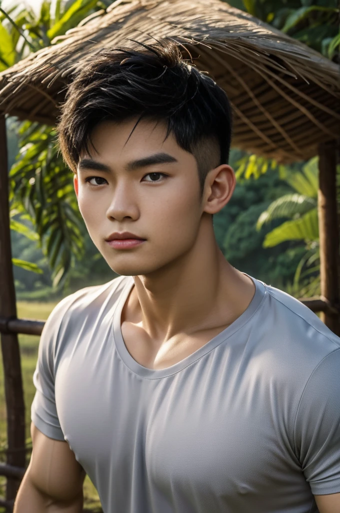 独奏 , 1 person , Portrait of a handsome Asian rugby player, short hair, no beard, muscular, big muscles, wearing a gray round neck t-shirt, wet, outdoors, rice field, countryside, hut, Thailand, Laos, Burma, Asia.