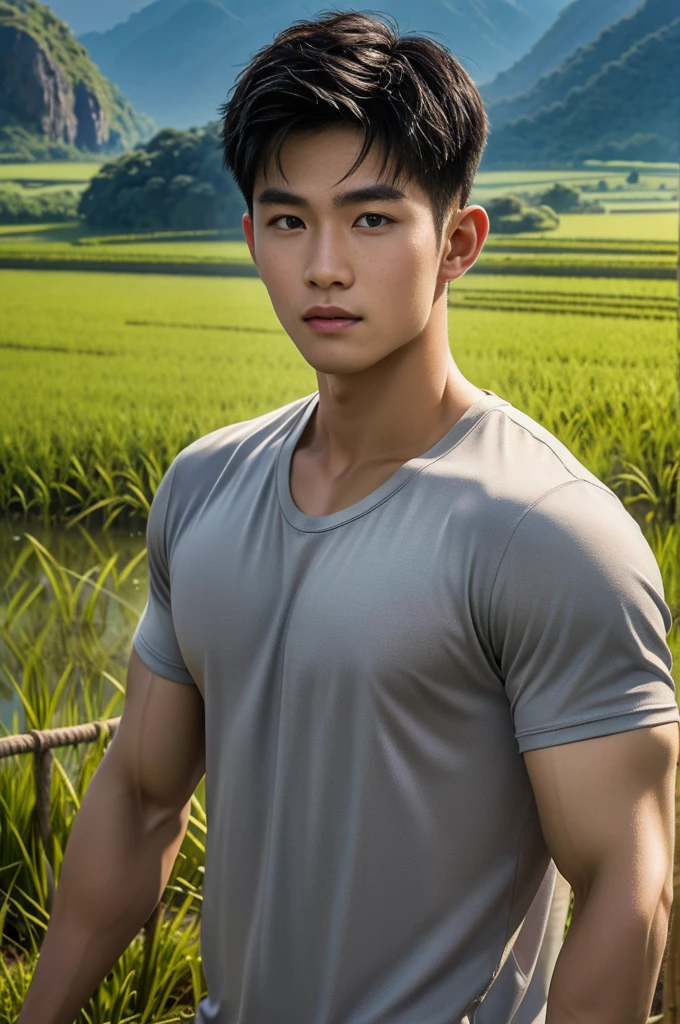 独奏 , 1 person , Portrait of a handsome Asian rugby player, short hair, no beard, muscular, big muscles, wearing a gray round neck t-shirt, wet, outdoors, rice field, countryside, hut, Thailand, Laos, Burma, Asia.