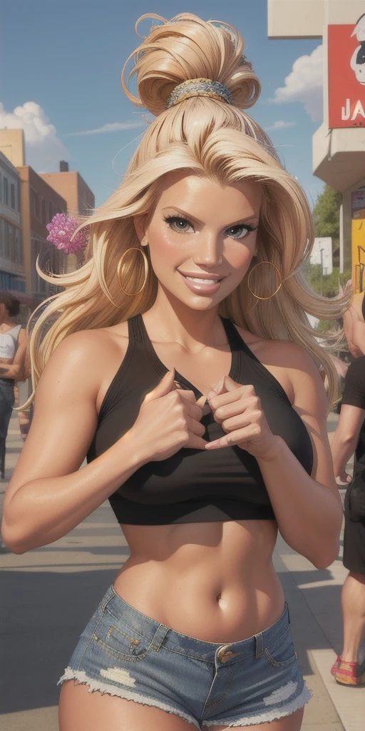 (Highest quality, masterpiece), Jessica Simpson, Upper Body, smile, Happy, Crop top, Shorts, View your viewers, long Hair