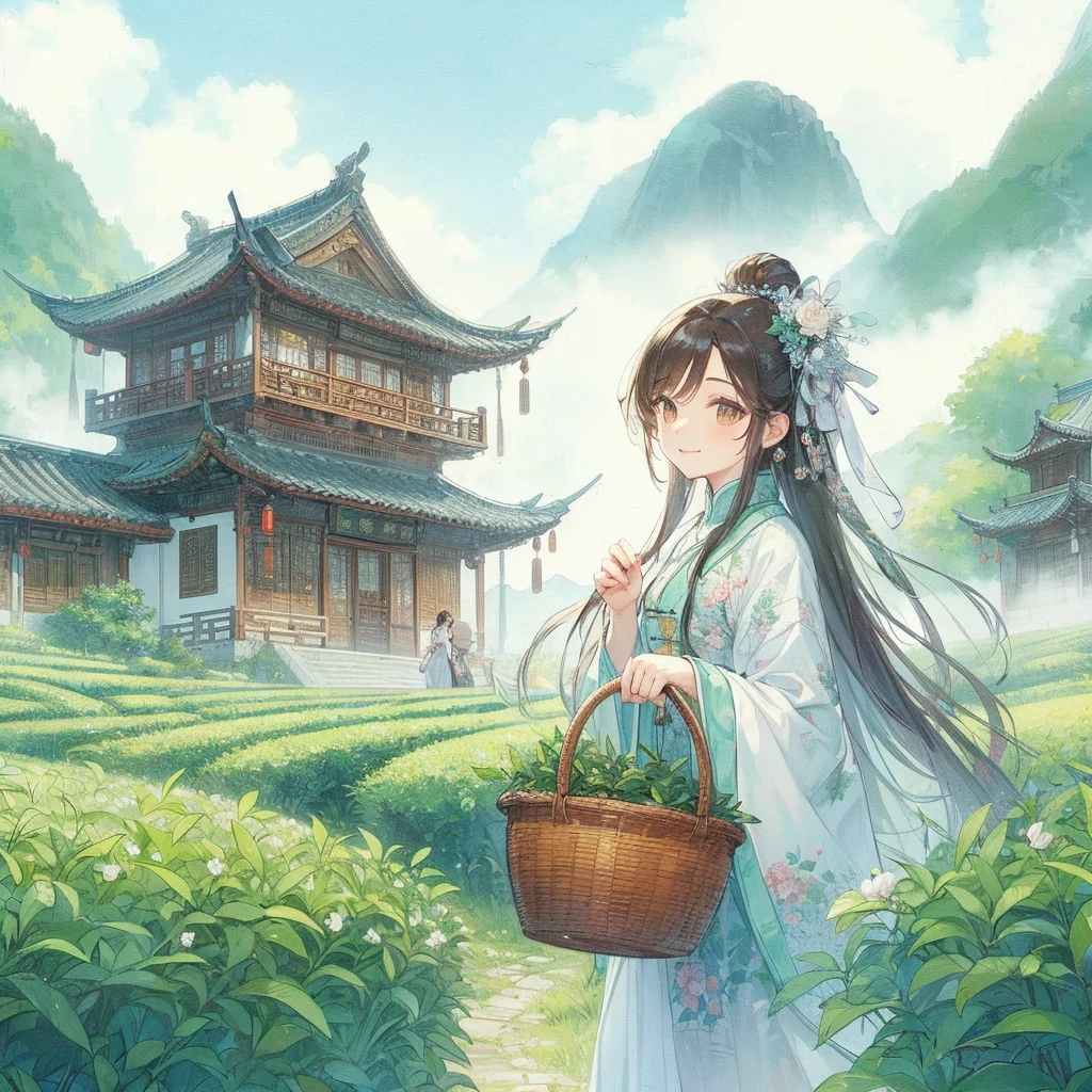 absurdres, best quality, fine detailed, 8k, 1girl, Black hair, brown eyes, white and light green Chinese-style clothes, white flower decoration, basket with tea leaves, smile, tea plantation, Chinese-style building, mountain shadow, blue sky