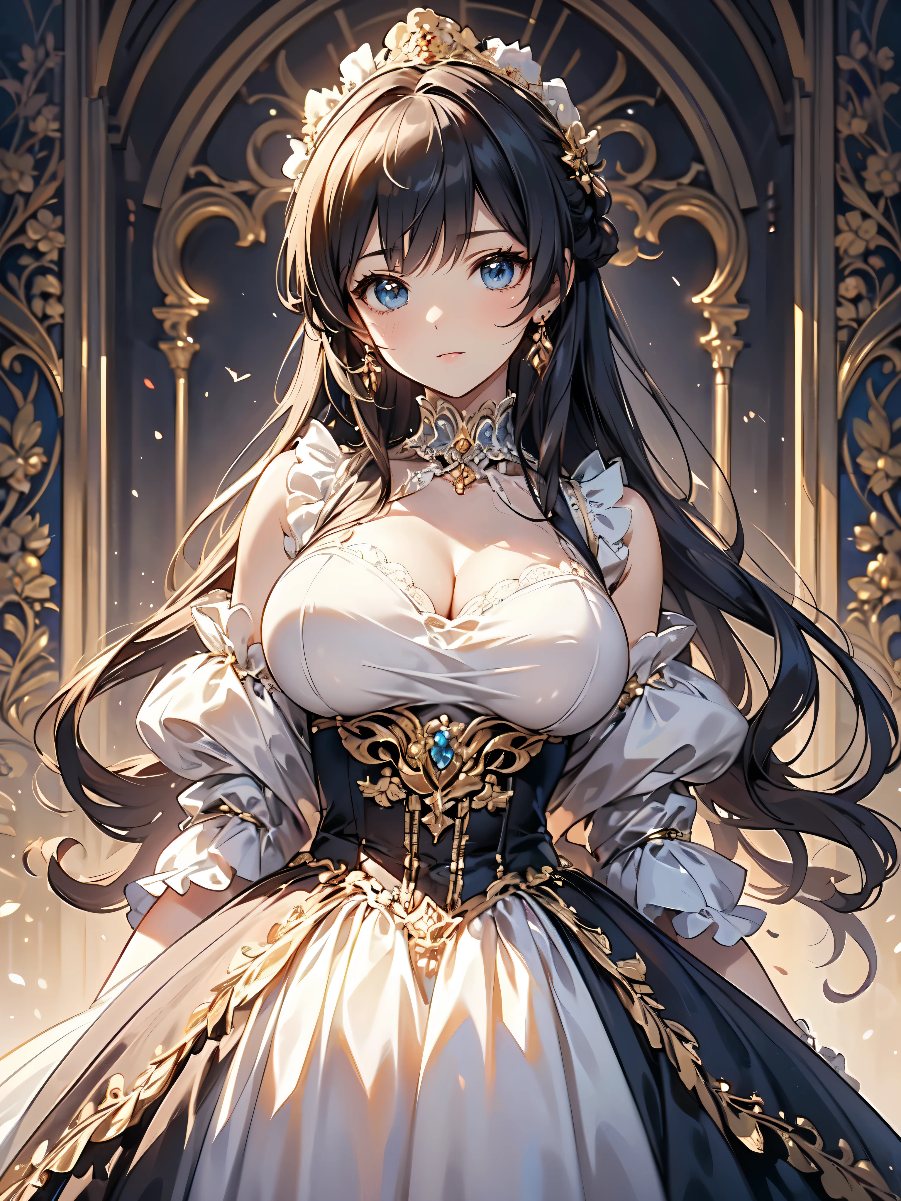 (((Ultra gorgeous beautiful dress is rococo victorian gown with hoopskirt and long hems))), (solo lady :1.2:huge breasts:1.2), (Expressive hair:1.1:very voluminous and very long hair:1.1), bangs, (cowboy shot:1.1), (super delicate face:1.3:masterpiece:1.3:ultra detailed:1.3:an extremely delicate and beautiful:1.2:unity 16k wallpaper:1.1), (moe anime art style:1.1),