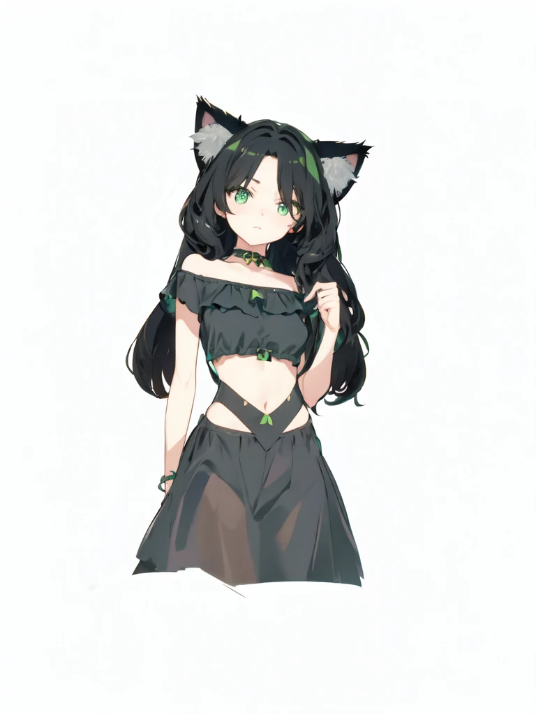 Black long-haired cat ears，Green eyes，beautiful。