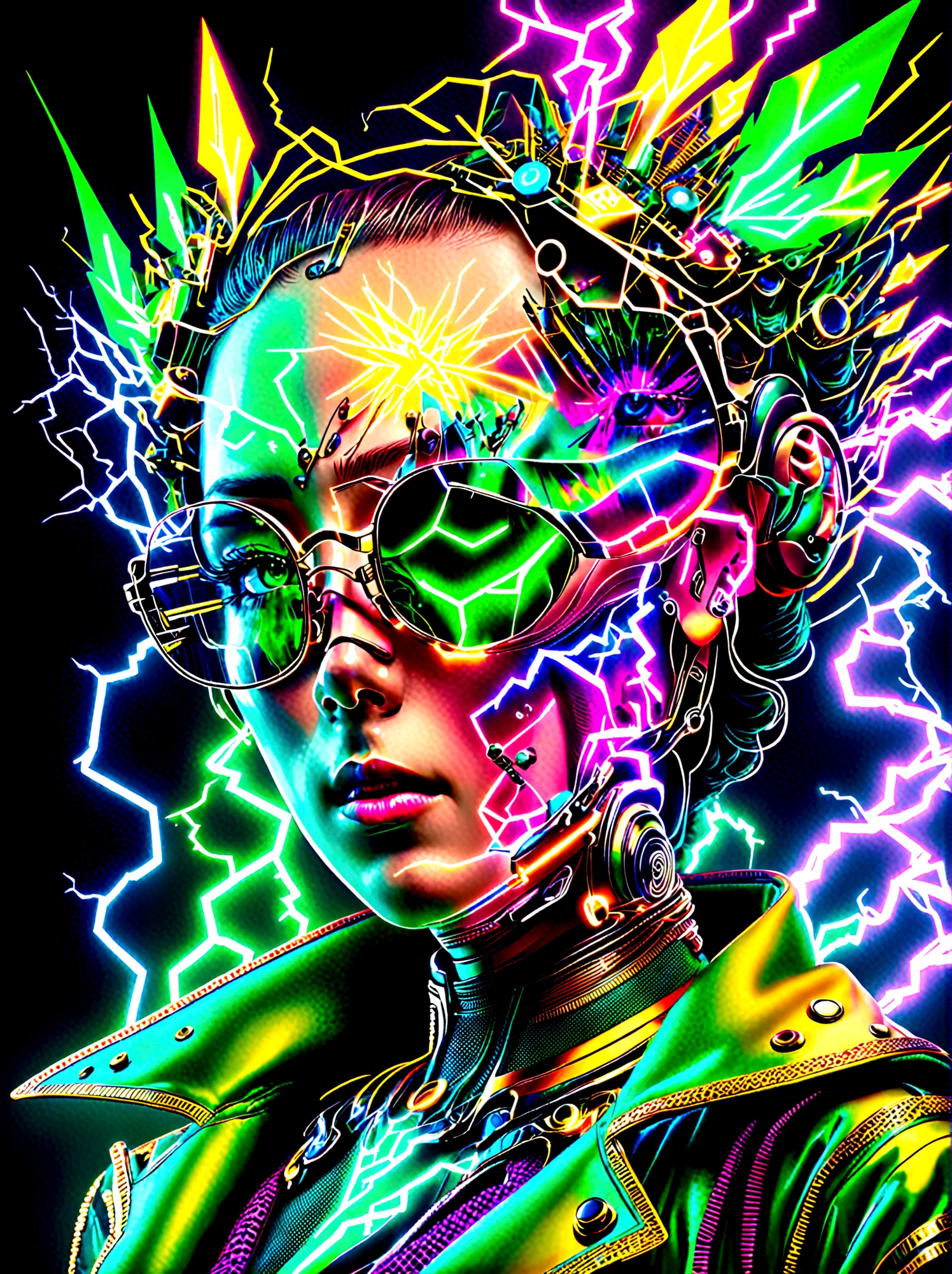 1 boy, Solitary, Lightning energy，Electricity elements，Wearing a pointed headdress，(Wearing large rectangular glasses:1.3)，Blue Highlight Lightning，Wearing bright blue and green square clothes，high-heel boots，Wields electric weapons，Dance in dynamic dance poses in a colorful VR world filled with neon lights and vibrant holograms, The scene was influenced by pop art and graffiti，A truly cyberpunk-inspired combo，With explosive energy，Created using digital methods and radiant luminous effects，whole body，Cartoon Style, Super Detail，Anatomically correct，masterpiece