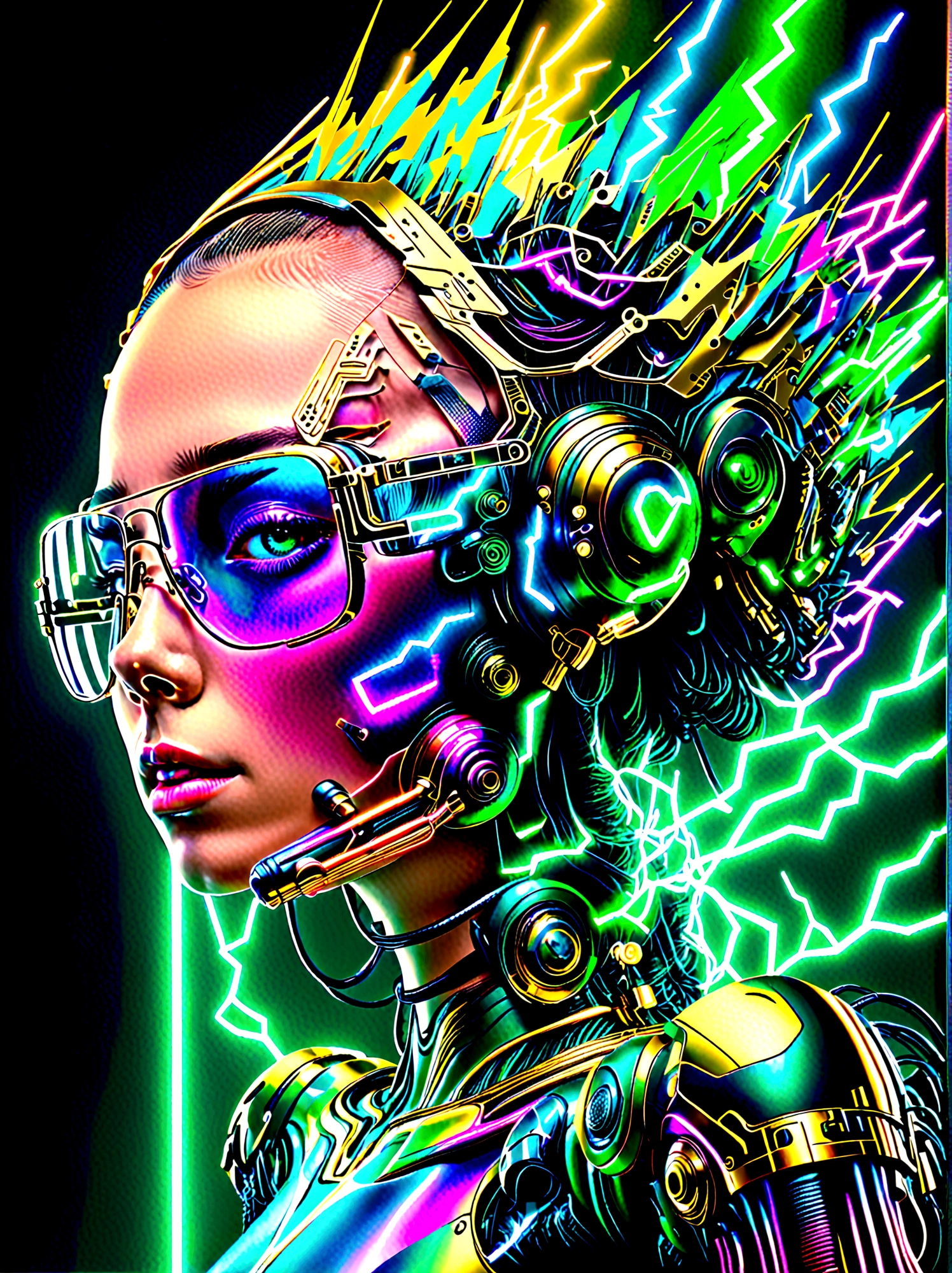 1 boy, Solitary, Lightning energy，Electricity elements，Wearing a pointed headdress，(Wearing large rectangular glasses:1.3)，Blue Highlight Lightning，Wearing bright blue and green square clothes，high-heel boots，Wields electric weapons，Dance in dynamic dance poses in a colorful VR world filled with neon lights and vibrant holograms, The scene was influenced by pop art and graffiti，A truly cyberpunk-inspired combo，With explosive energy，Created using digital methods and radiant luminous effects，whole body，Cartoon Style, Super Detail，Anatomically correct，masterpiece