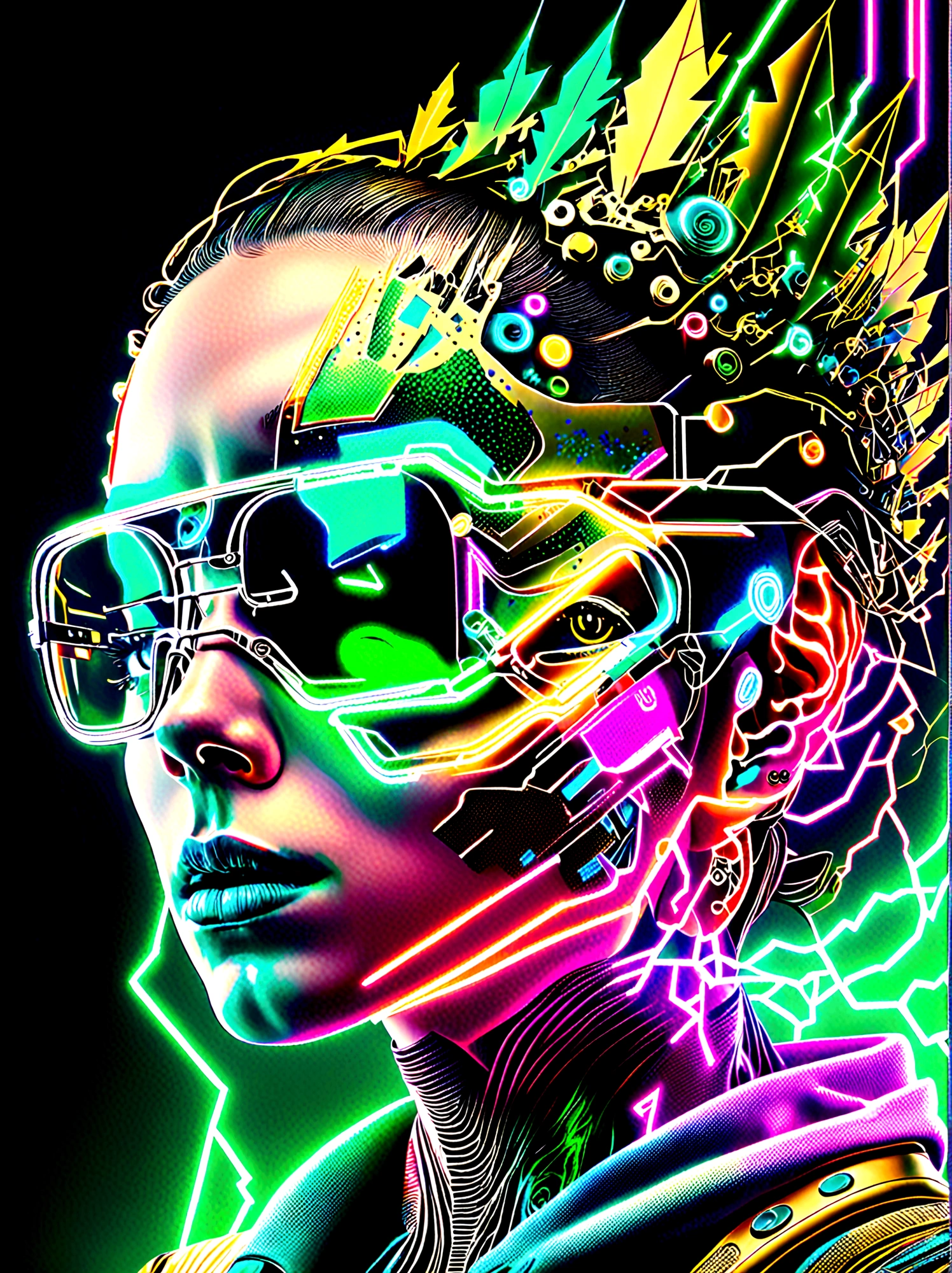 1 boy, Solitary, Lightning energy，Electricity elements，Wearing a pointed headdress，(Wearing large rectangular glasses:1.3)，Blue Highlight Lightning，Wearing bright blue and green square clothes，high-heel boots，Wields electric weapons，Dance in dynamic dance poses in a colorful VR world filled with neon lights and vibrant holograms, The scene was influenced by pop art and graffiti，A truly cyberpunk-inspired combo，With explosive energy，Created using digital methods and radiant luminous effects，whole body，Cartoon Style, Super Detail，Anatomically correct，masterpiece