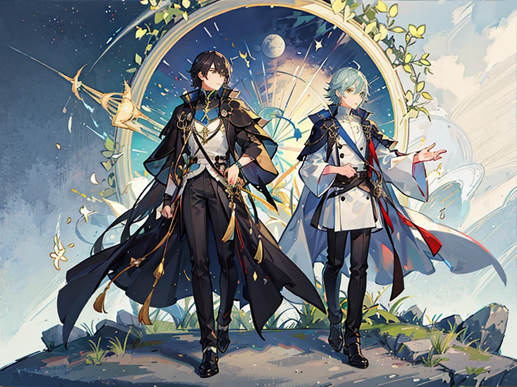 Back view, night and moon background, header, two young men, black hair, green nape, wizard-like clothes, cute, man, white hair, singer, live costume, cute, man