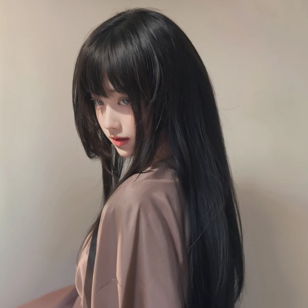 Princess cut long straight hair，Natural and beautiful hair，Color uniform black，Pure color background advanced simplicity