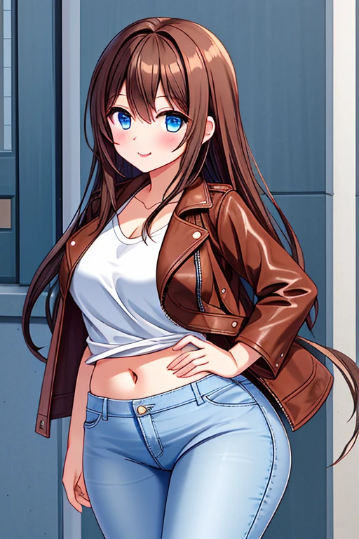A Cute Girl, Lush Long Brown Hair, Beautiful Blue Eyes, (Wide Hips), Brown Leather Jacket, White Shirt, DarkBlue Jeans,
