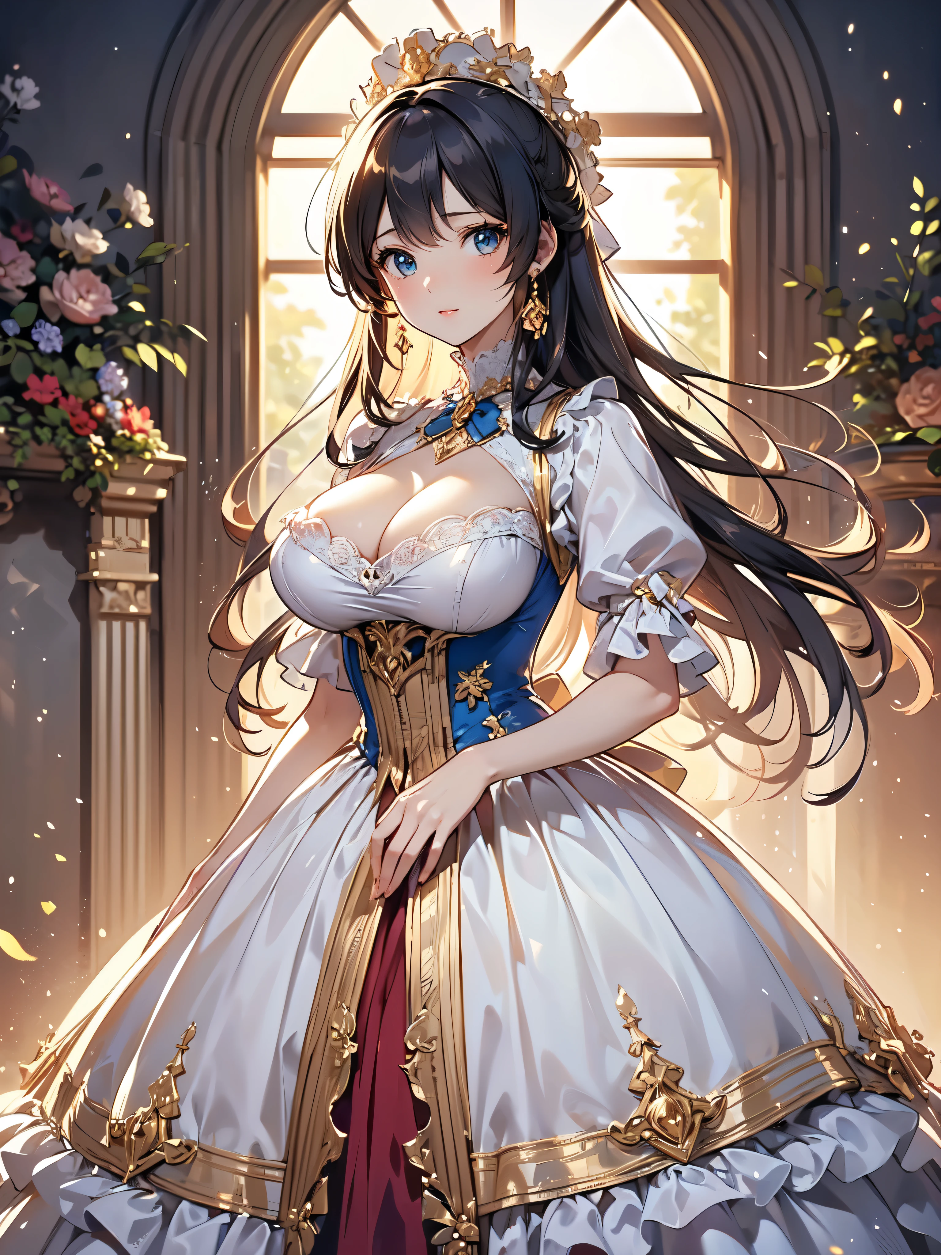 (((Ultra gorgeous beautiful dress is rococo victorian gown with hoopskirt and long hems))), (solo lady :1.2:huge breasts:1.2), (Expressive hair:1.1:very voluminous and very long hair:1.1), bangs, (cowboy shot:1.1), (super delicate face:1.3:masterpiece:1.3:ultra detailed:1.3:an extremely delicate and beautiful:1.2:unity 16k wallpaper:1.1), (moe anime art style:1.1),