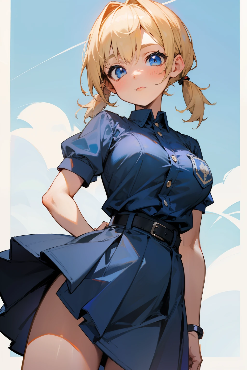 Cute girl, short blonde hair, pigtails, blue eyes, blue dress, wide black belt, short blue skirt, big breasts