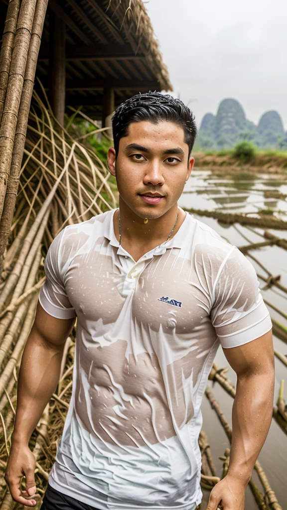 独奏 , 1 person , Portrait of a handsome Asian rugby player, short hair, no beard, muscular, big muscles, wearing a gray round neck t-shirt, wet, outdoors, rice field, countryside, hut, Thailand, Laos, Burma, Asia.