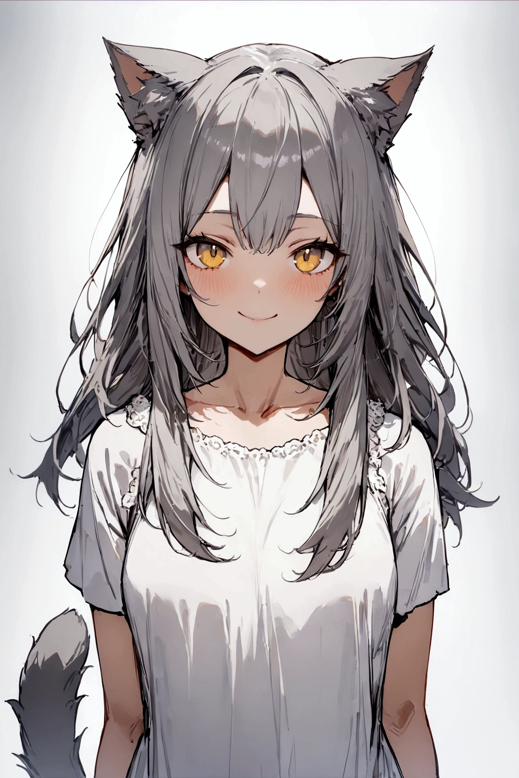 ((masterpiece)), ((best quality)), (from front, facing front:1.32), (close-up:1.2), (half-body shot:1.36), perfect anatomy, 1girl, solo, adult cat girl, long gray straight hair, yellow round eyes, gray cat ears, gray fluffy cat tail, basic short-sleeved loose white dress, smiling, looking at viewers