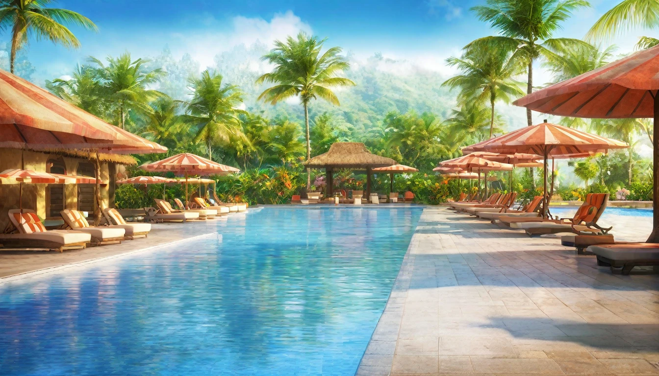 Resort hotels,Pool,Summer sky,noon,Blur the background,Glitter effect,Highest quality, 8K, High resolution, masterpiece:1.2, Very detailed, Realistic:1.37, High resolution, 超High resolution, Ultra-fine painting, Very detailed, Professional, Vibrant colors