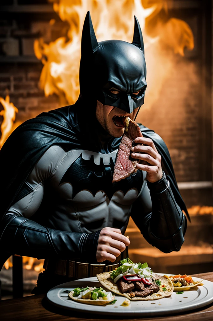 The batman who laughs eating a steak taco