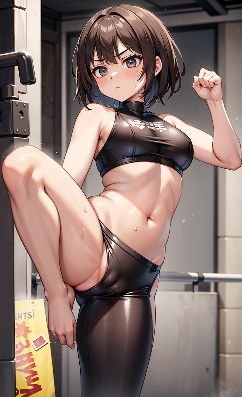 (One girl)、Serious face、Dark brown short hair、Female professional wrestler、Female Fighter、High leg、Martial Arts、punch、kick、Roundhouse kick、Belly button exposed、Sweat