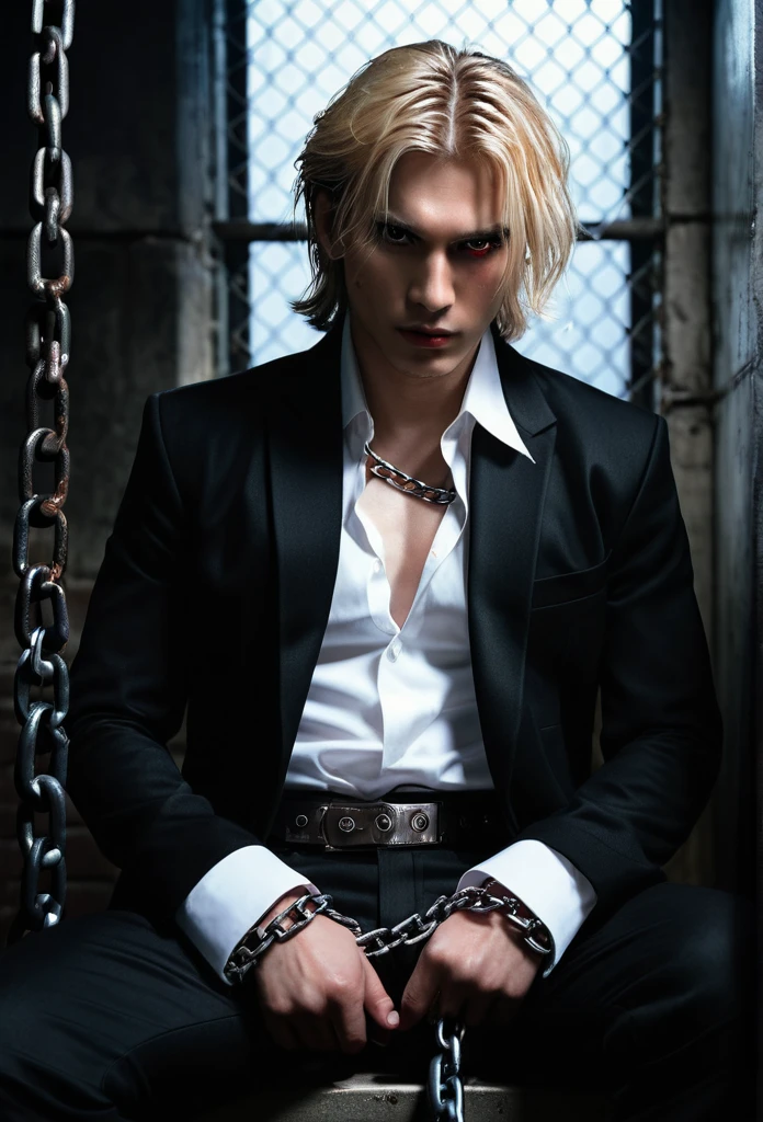 8k, cinematic lighting, bright front lighting. Professional photography of an unsung and mysterious film, bold lines, hyper detailed, dramatic lighting, (intricate details, masterpiece, best quality: 1.4) Very handsome guy, the appearance of the model sits at twilight in the corner in the corners, chains weigh chains on the walls, on the floor of the chain, the guy is poorly lit, sad face, in a black suit with a white shirt with an unbuttoned top, hair to the shoulders, on the chest and blood of the face, dark background, a gloomy prison around the chain, a little light falls on the face of a guy with gloomy lighting, the guy sits With a chain in his hands in a prison cell, a man is wrapped in a chain, (chains), inspired by Yamagata Hiro, sleeping in chains, in chains, detailed johan liebert, Mixed with Alucard, discreet, illustration, cinematic lighting, bright front lighting. Professional photo of an unsung and mysterious film, 1 boy, bangs, belt, black jacket, black trousers, blood, knitted, tied wrists, blond hair, chain, chain, shirt with collar, cuffs, cuts, formal, handcuffs, trauma, jacket, on the knees, long sleeves, looking at the viewer, men's focus, open clothes, open shirt, trousers, split lips, red eyes, shirt, medium length hair, solo, suit, torn clothes, torn shirt, white shirt, BLACK JACKE