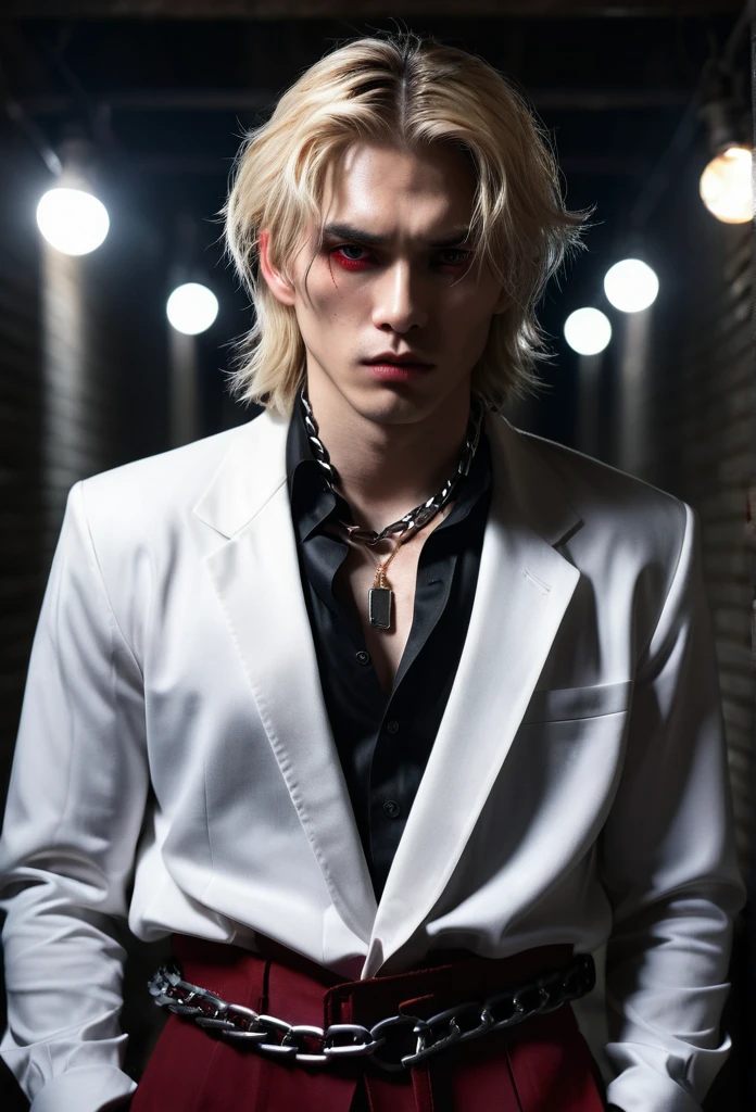 8k, cinematic lighting, bright front lighting. Professional photography of an unsung and mysterious film, bold lines, hyper detailed, dramatic lighting, (intricate details, masterpiece, best quality: 1.4) Very handsome guy, the appearance of the model sits at twilight in the corner in the corners, chains weigh chains on the walls, on the floor of the chain, the guy is poorly lit, sad face, in a black suit with a white shirt with an unbuttoned top, hair to the shoulders, on the chest and blood of the face, dark background, a gloomy prison around the chain, a little light falls on the face of a guy with gloomy lighting, the guy sits With a chain in his hands in a prison cell, a man is wrapped in a chain, (chains), inspired by Yamagata Hiro, sleeping in chains, in chains, detailed johan liebert, Mixed with Alucard, discreet, illustration, cinematic lighting, bright front lighting. Professional photo of an unsung and mysterious film, 1 boy, bangs, belt, black jacket, black trousers, blood, knitted, tied wrists, blond hair, chain, chain, shirt with collar, cuffs, cuts, formal, handcuffs, trauma, jacket, on the knees, long sleeves, looking at the viewer, men's focus, open clothes, open shirt, trousers, split lips, red eyes, shirt, medium length hair, solo, suit, torn clothes, torn shirt, white shirt, BLACK JACKE