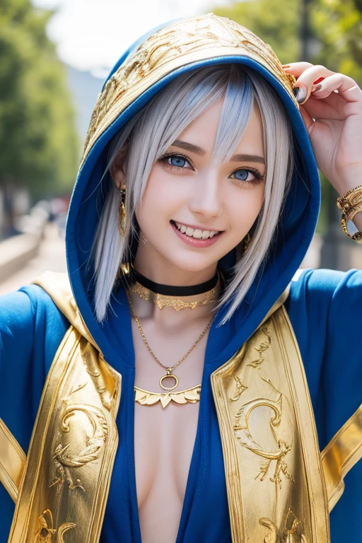 (masterpiece, Highest quality),  Intricate details,, One girl,     mouth, Multicolored Hair, blue eyes, Shark hair accessory, Gold Hair Ornament, gold choker, Gold Bracelets, Sharp teeth, Grin, Blue hoodie,,  Greek clothing, Peplos,