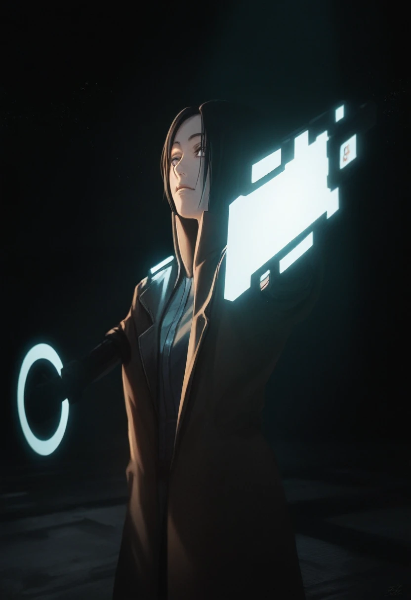 there is a woman holding a gun in a dark room, anime styled 3d, 4 k octan render, in game render, anime style. 8k, cinematic full character, glowing lens flare wraith girl, sci - fi character, 2 b, 2b, rendered in sfm, brandishing futuristic sword, dystopian sci-fi character, with cinematic lighting