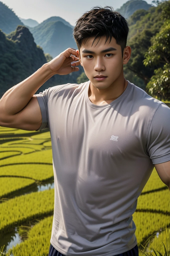 独奏 , 1 person , Portrait of a handsome Asian rugby player, short hair, no beard, muscular, big muscles, wearing a gray round neck t-shirt, wet, outdoors, rice field, countryside, hut, Thailand, Laos, Burma, Asia.