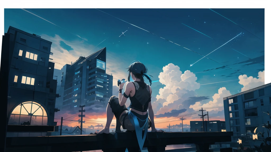 Octane, null, star (null), scenery, Blue Parakeet,starnull, night, One girl, Back view,nightnull, alone, Outdoor, Blue Parakeet,building, cloud, milky way, Sitting, wood, Long Hair, I have an acoustic guitar,city, silhouette