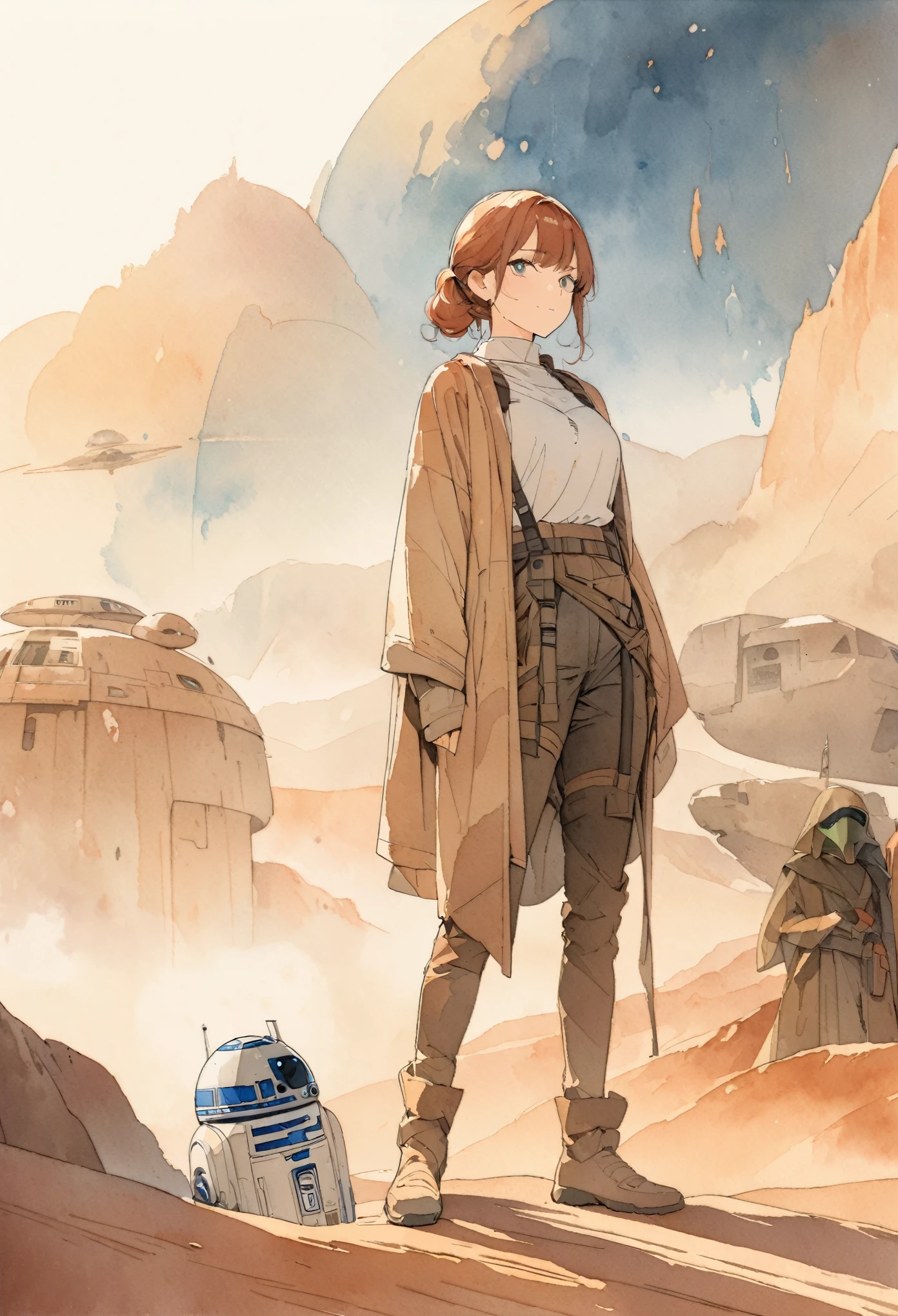 (masterpiece),(Highest quality),(Super detailed),(High resolution),((Line art)),((Watercolor)),8K,wallpaper,Star Wars,Tatooine,Boba Fett in the background,Movie image style
