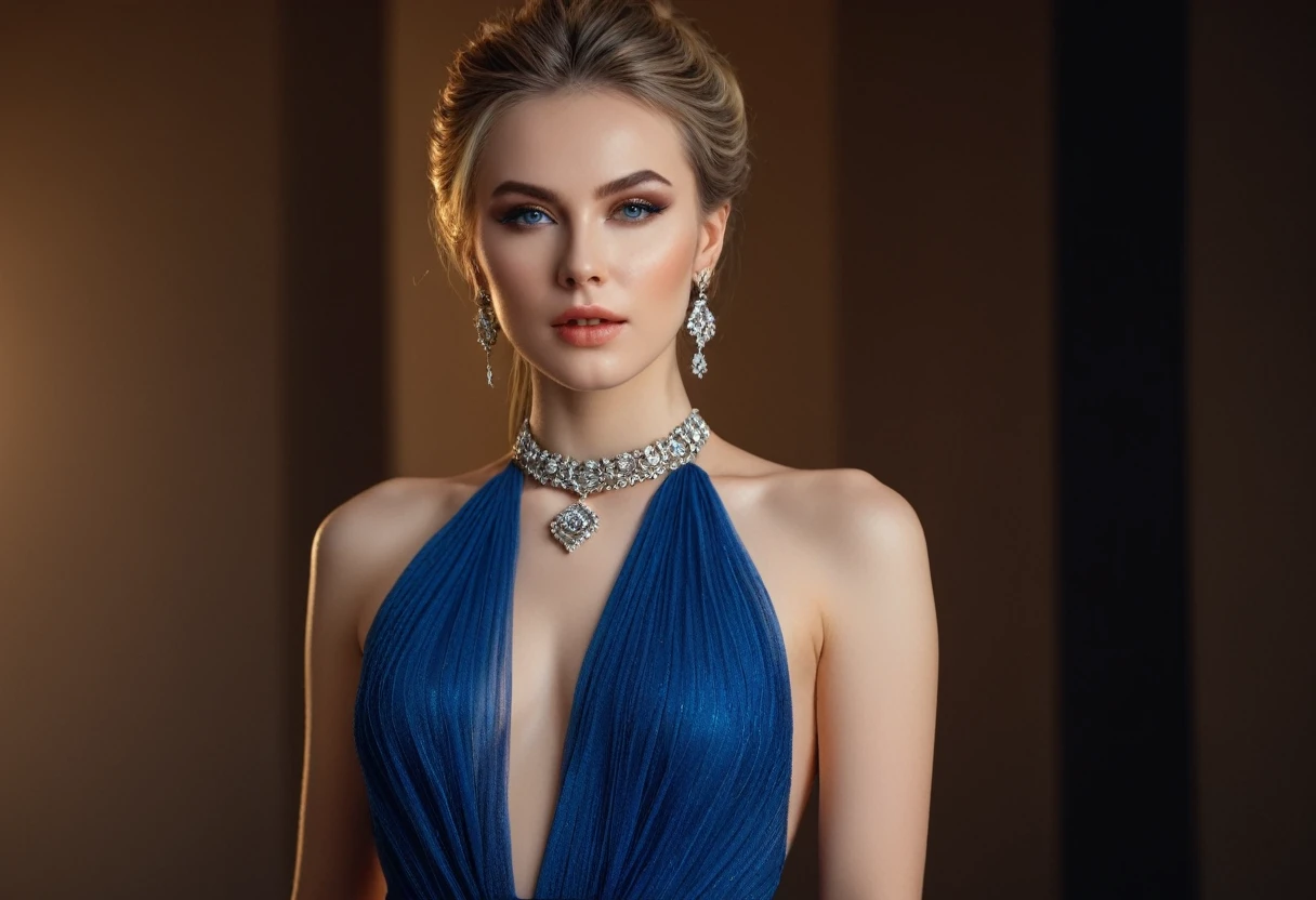 raw photo, 4k, hyperrealism, A beautiful ((evil slavic woman)), pale skin, long dark blond hair, Full Body Sexy Pose, score_9, score_8_up, (Epic masterpiece:1.8). (A tall, elegant model with beautiful hands and a lovely face, artistically detailed makeup, wearing a long gown with a deep slit and backless golden dress design with a seethrough, a delicate black necklace with a small diamond pendant, an elegant updo hairstyle to complement the backless gown, a sparkling bracelet to enhance her elegance, and a diamond anklet or a barefoot sandal on her foot, with blue highlights and shadow in her hair), (High Quality, Detailed Background, Sharp Image:1.24), (Hyper-Detailed:1.15), (Photography, Cinematic Photo, Film-Grain:1.2), (Sharp Photo:1.2) (Taken With A [Pentax 645z | Canon Eos R5]:0.6).. great lighting