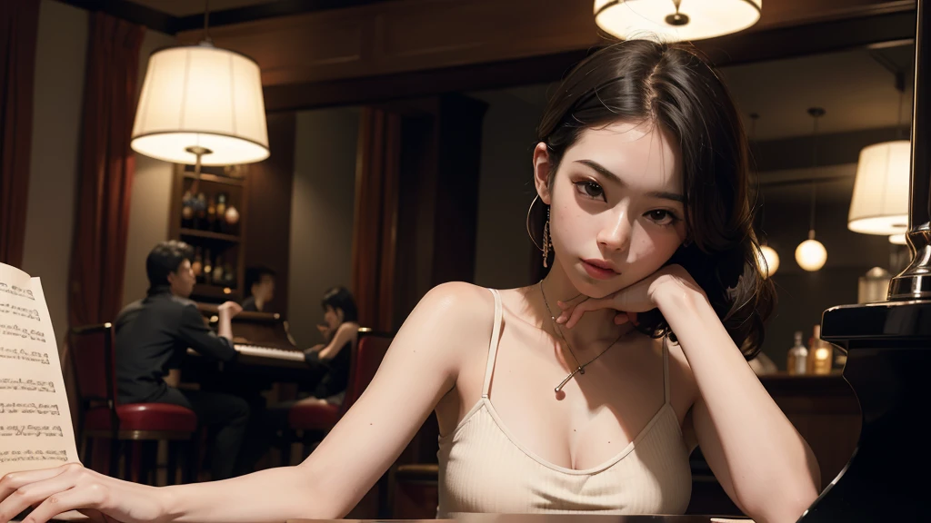 jazz bar, Listening to the piano.
, relaxing, wearing camisole, ultra-detailed, aesthetic, masterpiece, top quality, graphic