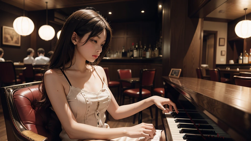 jazz bar, Listening to the piano.
, relaxing, wearing camisole, ultra-detailed, aesthetic, masterpiece, top quality, graphic