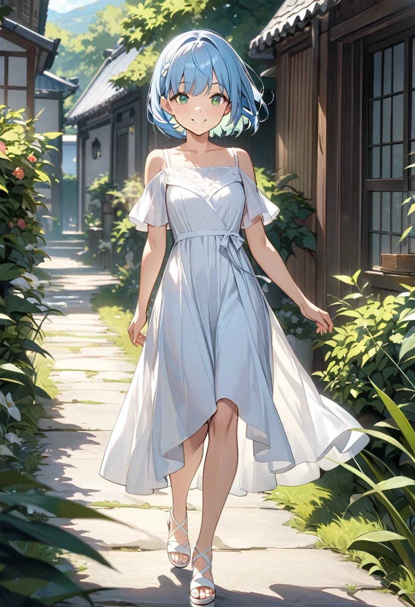 Light blue hair、Short Bob、Deep green eyes、Small breasts、White dress、White Sandals、smile、Walking、best quality