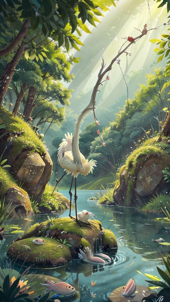 An old and frail white crane sitting quietly by the lake, with fish swimming around, feeling safe and unthreatened. The forest is lush and green in the background."