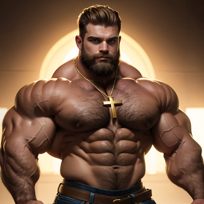 Whole body image of an Absolute monster of a cowboy Caucasian bodybuilder in a 'double bicep' pose. Huge huge shoulders, three times as wide as his waist, he is as broad as he is tall. 20 years old. Blond, close cropped beard, powerfully muscled, massive shoulders and biceps. well-defined six pack. Exceptionally thick gold cross necklace. field background