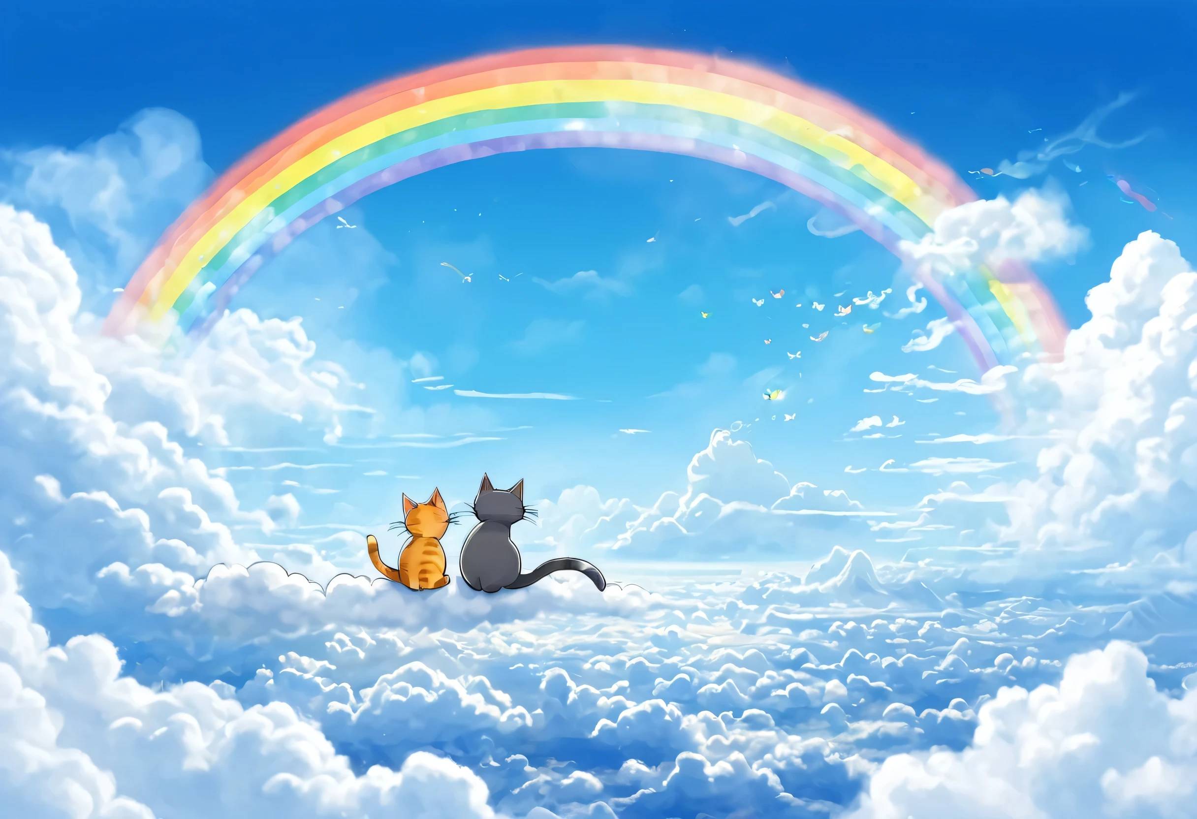 There are two cats playing together in the sky, cute cat, Above the Clouds,rainbow、blue sky、 Cute digital art, , Kuvisiato, Cute and detailed digital art, Cat Cat Dream Cats, Cat Cat Dream Cat, 🐋 as 🐘 as 🤖 as 👽 as 🐳, Cute artwork, That is a cat, Cute art style, Two cats illustration、