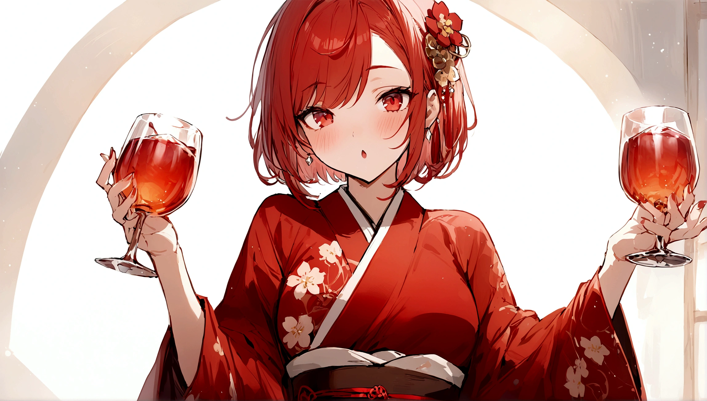 ((masterpiece, Highest quality)), (One girl), (alone)、drink alcohol、drinking、Place it small in the center so that it doesn't get cut off.、Older sister in her late 20s, Red Hair、Plum blossom accessories、Red kimono、White background、Red medium bob hair、Red eyes、Holding a rocks glass and drinking alcohol、Drink plum wine