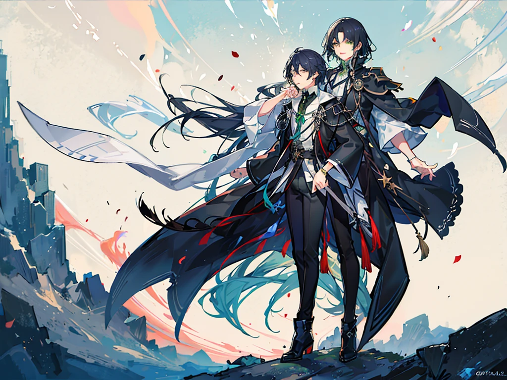 Back view, night and moon background, header, two young men, black hair, green nape, wizard-like clothes, cool, man, white hair, singer, live costume, cool, man