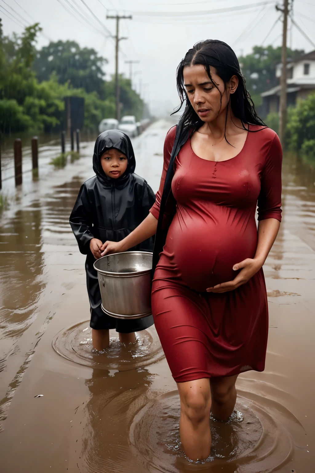  pregnant woman in a wet red dress walks along a flooded road in heavy rain, carrying a large sack on her back and a metal pot in one hand. Two young children, both crying and visibly distressed, follow her on either side. The scene evokes a sense of struggle and urgency in adverse weather conditions.