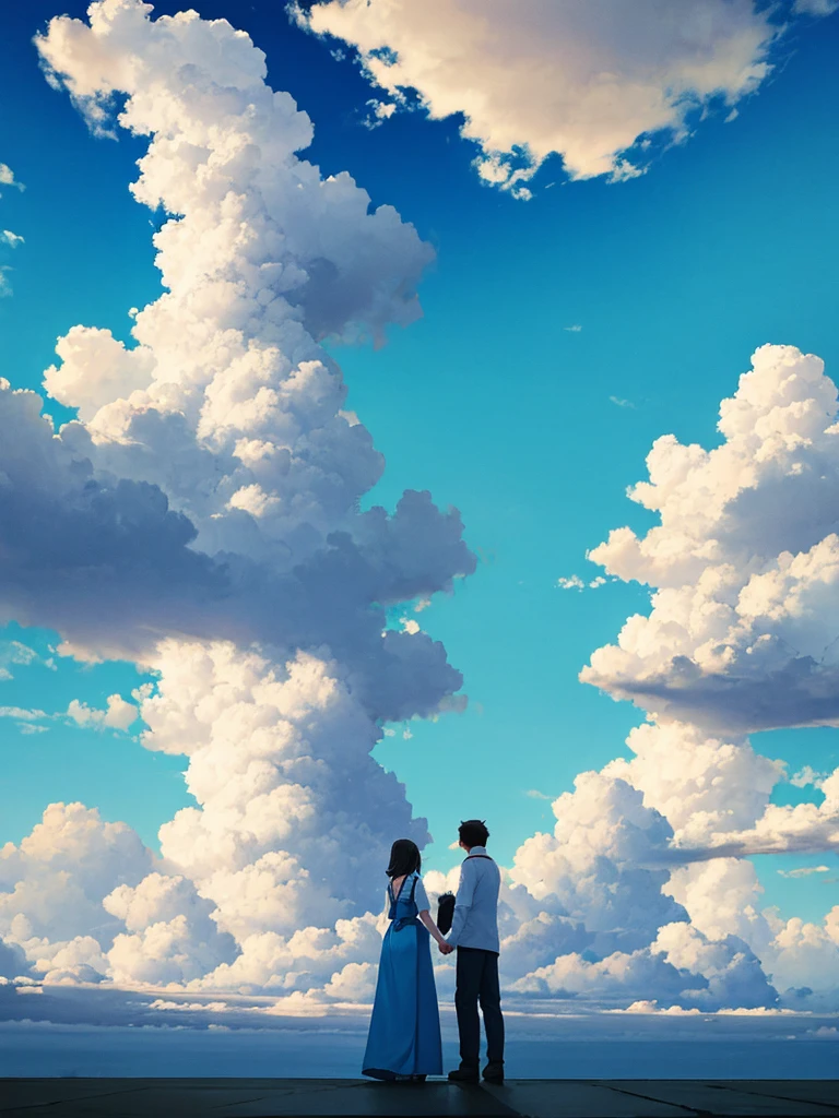 The main theme is the blue sky with white clouds floating in it. Back view of a man and woman holding hands Casual clothing An illustration