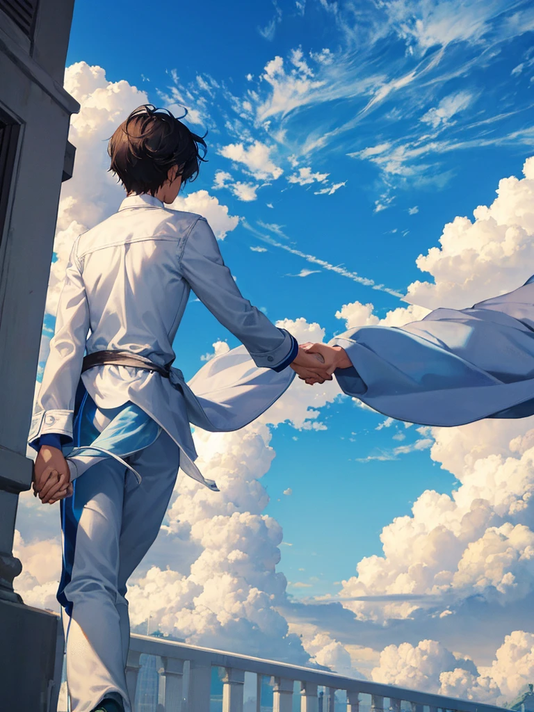 The main theme is the blue sky with white clouds floating in it. Back view of a man and woman holding hands Casual clothing An illustration