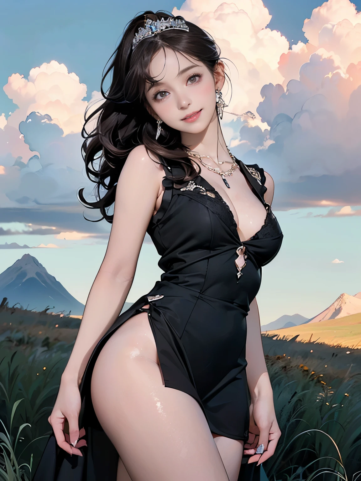 ((((Highest quality))))、(((Ultra-precision CG16K wallpaper)))、(((masterpiece)))、(((Super detailed)))、(((Extreme detail)))、((1Mature 29 year old woman:1.6))、((Very beautiful Japan face of a person))、((Urizane Face:1.8))、((Medium Straight Hair:1.8))、(Shiny Hair)、A delicately drawn beautiful face、(Dark Eyes、Reflected light from the eye)、double eyelid、High nose、Small nostrils、Small Mouth、Seductive lips、Beautiful breasts、((C cup size breasts))、Cleavage、Delicate nails、Beautiful feet、Thin thighs、eight-headed body、Perfect proportions、Perfect Anatomy、Perfect composition、Beautiful detailed shading、Beautiful, natural lighting、Beautiful detail glow、Depth of written boundary、(((High chroma)))、(((Real:1.9)))、((vivid:1.5))、((Beautiful Skin))、((Skin Texture))、((Realな皮膚感))、(((Cowboy Shot:1.6)))、(((front view、shoot from front、front low angle:1.6)))、(((smile:1.5)))、(((looking at viewer:1.6)))、Bright daylight、Natural light、(((background_Grass Square、Mountain、Sky and Clouds:1.5)))、(Fashion model pose:1.6)、(((Matte black sleeveless gauze fabric mini dress:1.6)))、((tiara、necklace、Wearing earrings:1.5))、((Lace Stockings Clothed:1.2))、